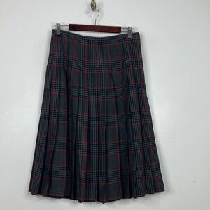 Vintage Pleated Skirt Womens Medium Gray Black Red Wool Houndstooth Midi Retro